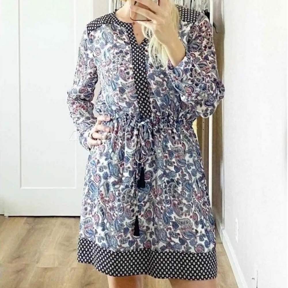 Daniel Rainn Paisley Print Cinched Waist Long Sleeve Lined Mini Dress Size XS
